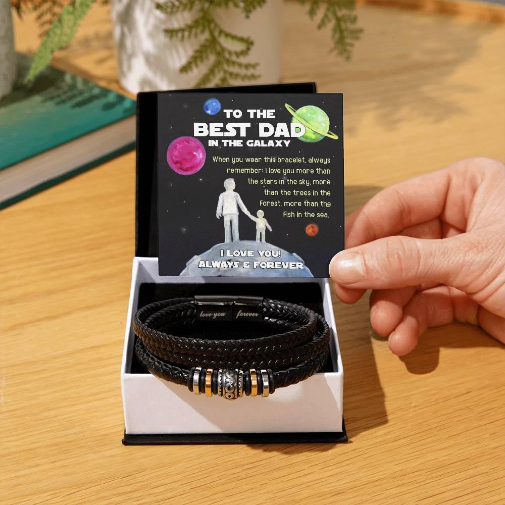 Dad Gift -Best Dad In The Galaxy - Braided Leather Men's Bracelet - Mallard Moon Gift Shop
