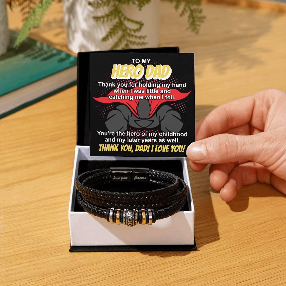 Dad Gift - To My Hero Dad Catching Me When I Fell - Braided Leather Men's Bracelet - Mallard Moon Gift Shop
