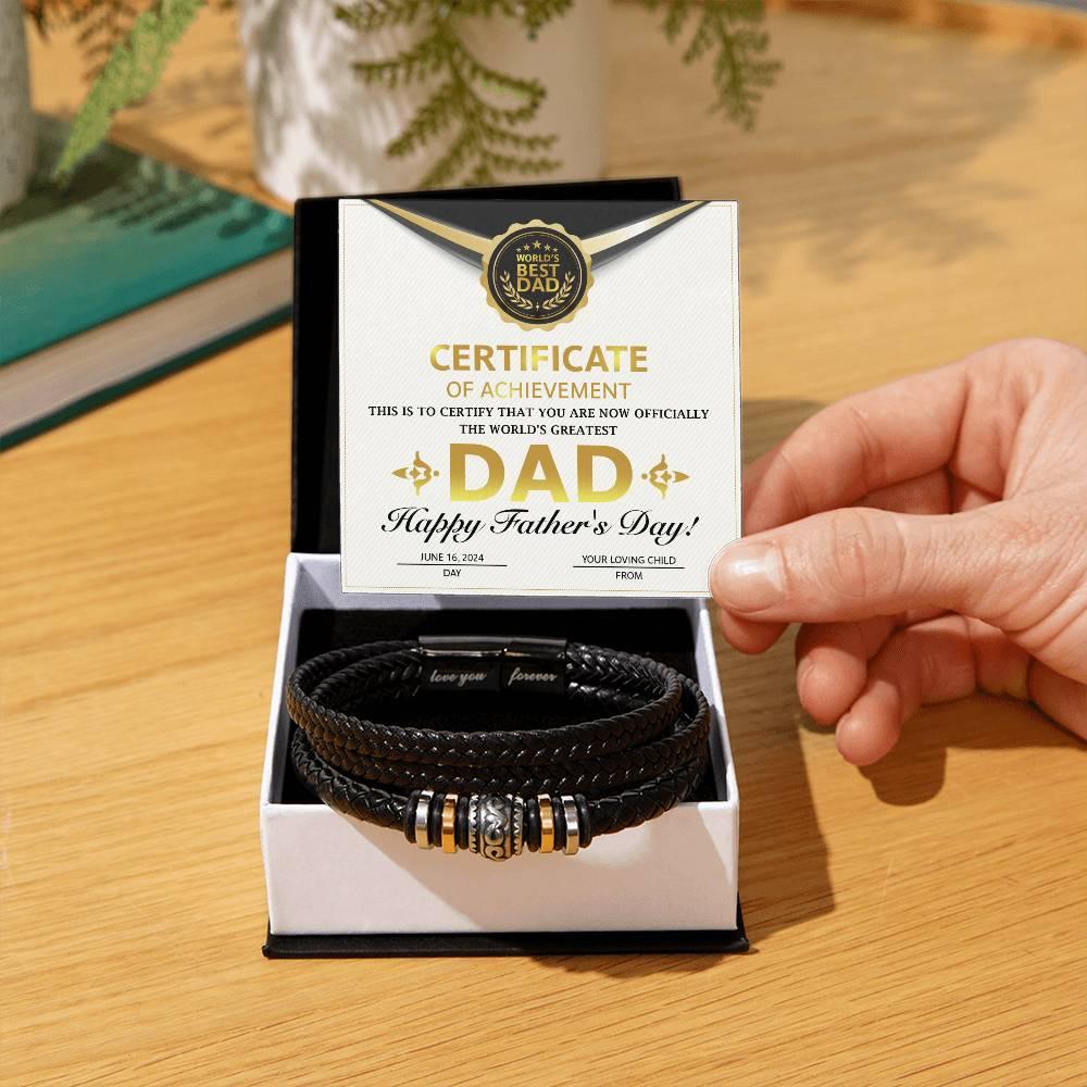 Dad Gift Certificate of Achievement Leather Bracelet - Mallard Moon Gift Shop