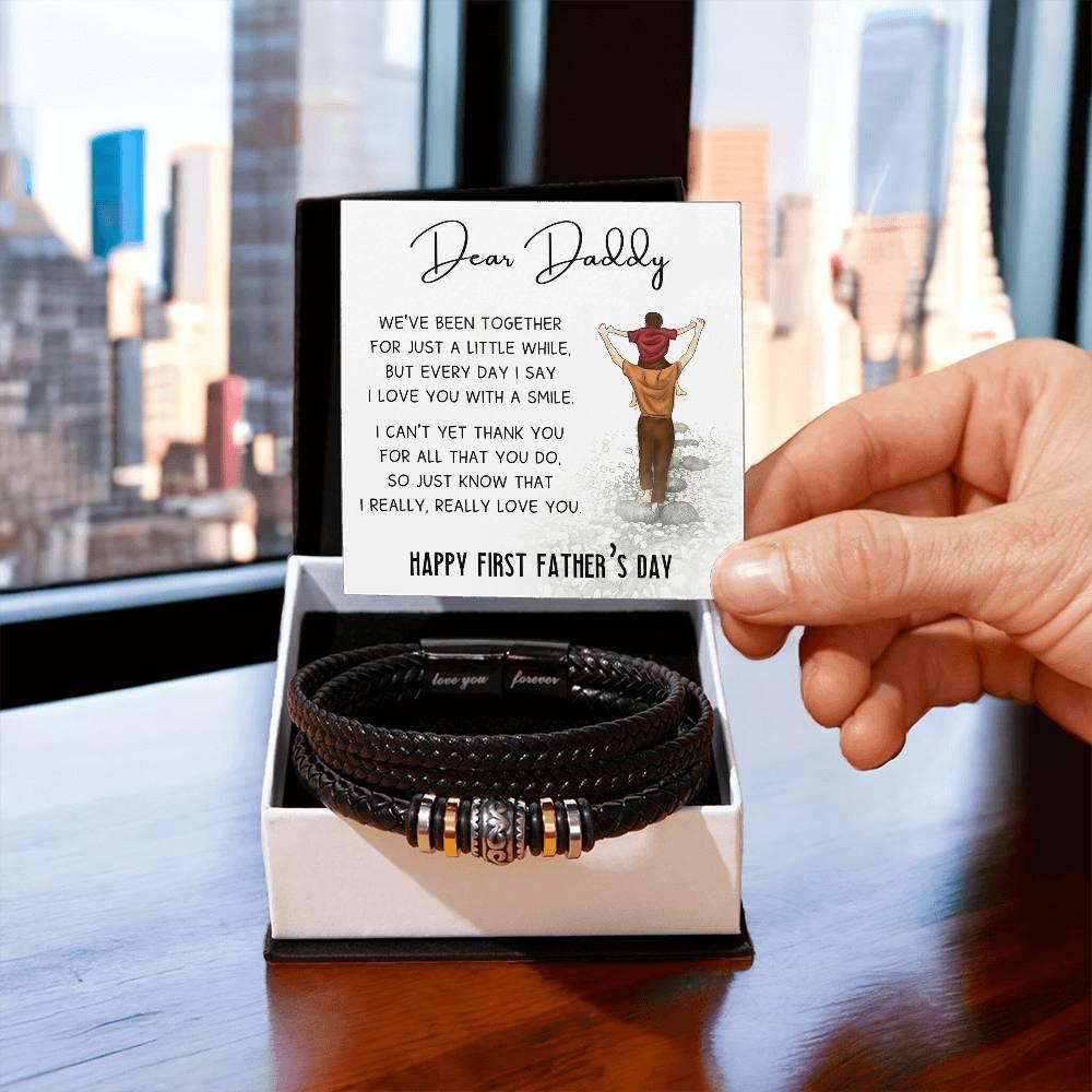 Dear Daddy Happy First Father's Day Leather Braided Men's Bracelet - Mallard Moon Gift Shop