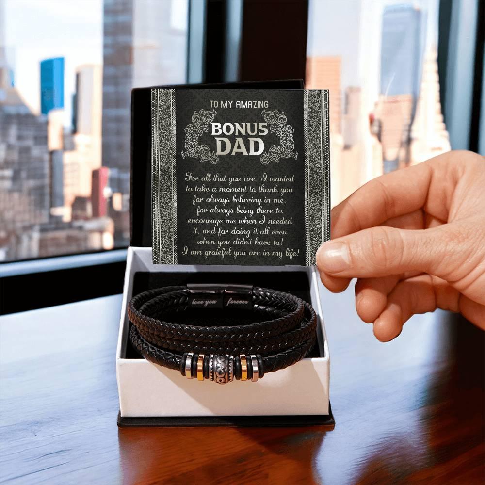 Gift for Bonus Dad I am Grateful You are in My Life Men's Braided Leather Bracelet - Mallard Moon Gift Shop