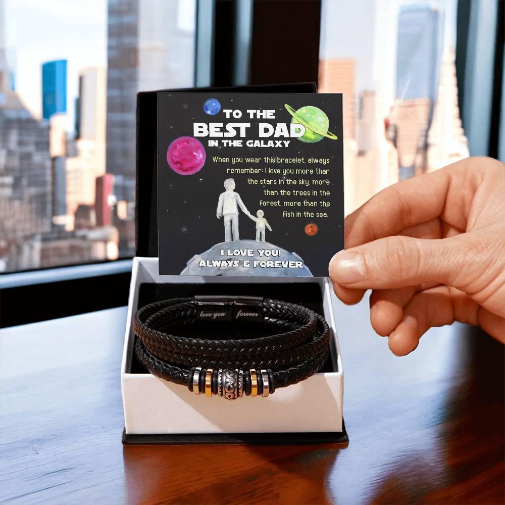 Dad Gift -Best Dad In The Galaxy - Braided Leather Men's Bracelet - Mallard Moon Gift Shop