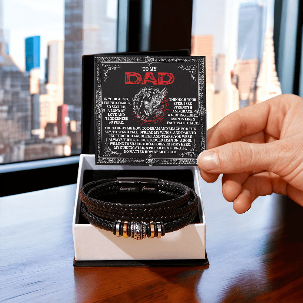 To My Dad Father's Day Gift - Men's Vegan Leather Bracelet with Bold Viking-Inspired “Guiding Light” Message Card -- Meaningful Gift for Dad from Son or Daughter - Mallard Moon Gift Shop
