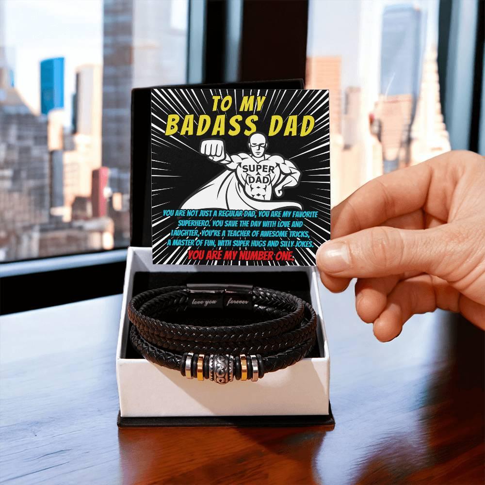 To My Badass Dad - You Are My Favorite Superhero - Men's Braided Leather Bracelet with Gift Box - Mallard Moon Gift Shop