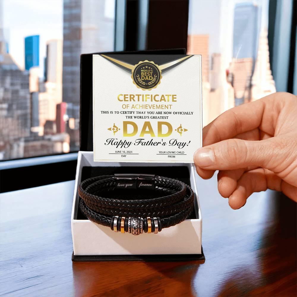 Dad Gift Certificate of Achievement Leather Bracelet - Mallard Moon Gift Shop