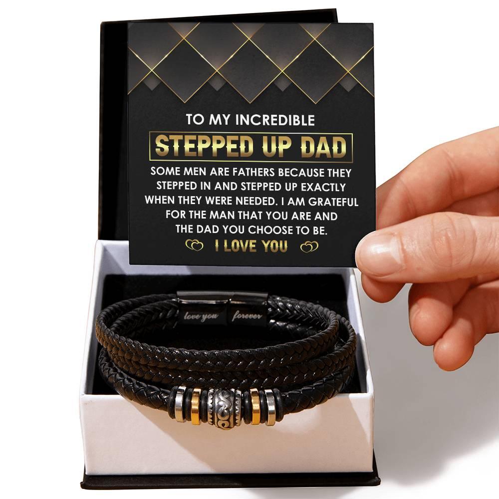 To My Incredible Stepped Up Dad - The Dad You Choose to Be Men's Leather Bracelet with Gift Box - Mallard Moon Gift Shop