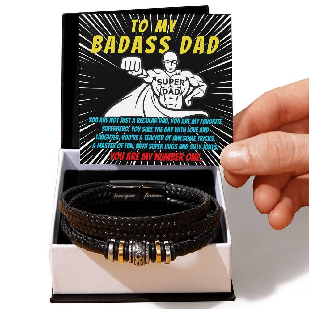 To My Badass Dad - You Are My Favorite Superhero - Men's Braided Leather Bracelet with Gift Box - Mallard Moon Gift Shop