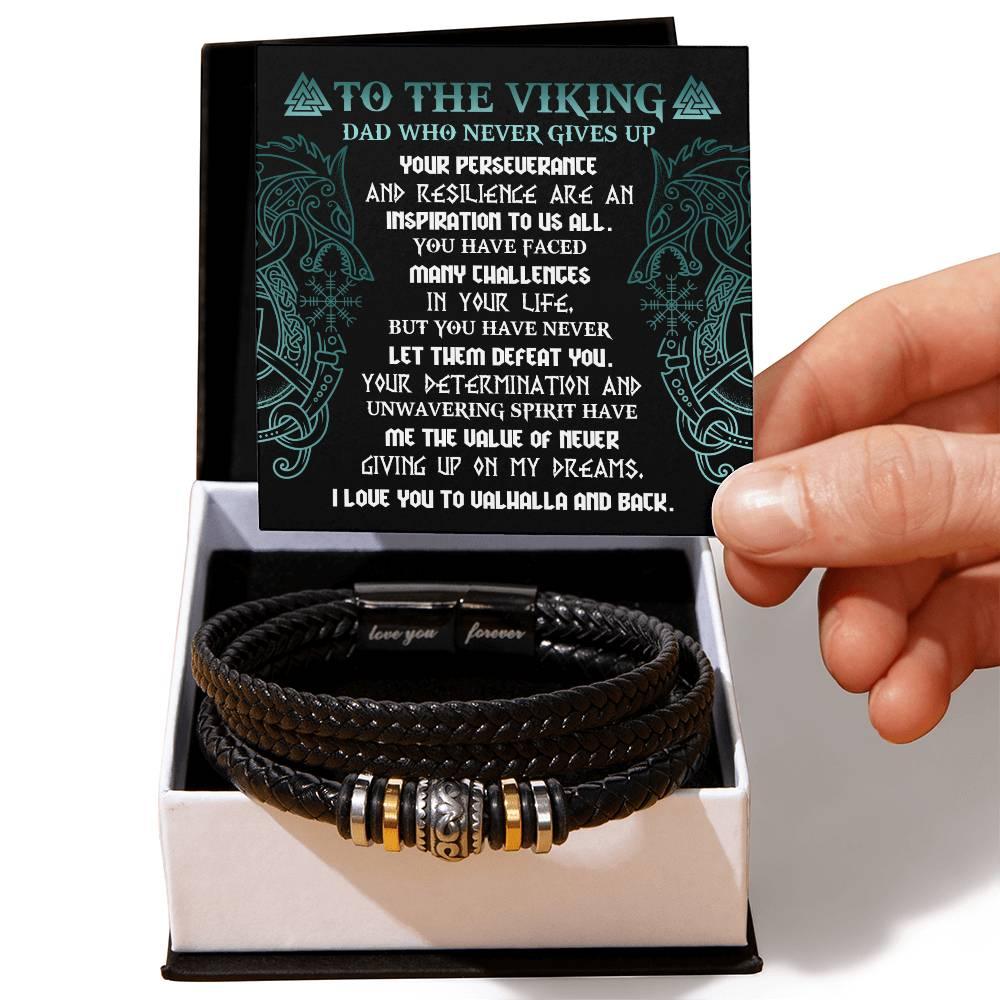 To My Viking Dad - Never Giving Up - Black Braided Leather Men's Bracelet - Mallard Moon Gift Shop