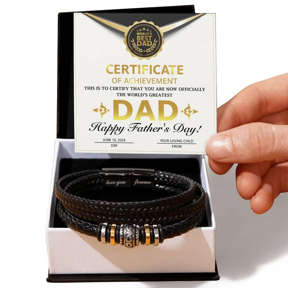 Dad Gift Certificate of Achievement Leather Bracelet - Mallard Moon Gift Shop