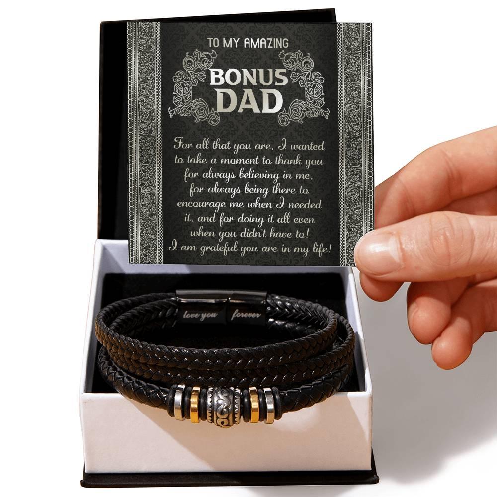 Gift for Bonus Dad I am Grateful You are in My Life Men's Braided Leather Bracelet - Mallard Moon Gift Shop