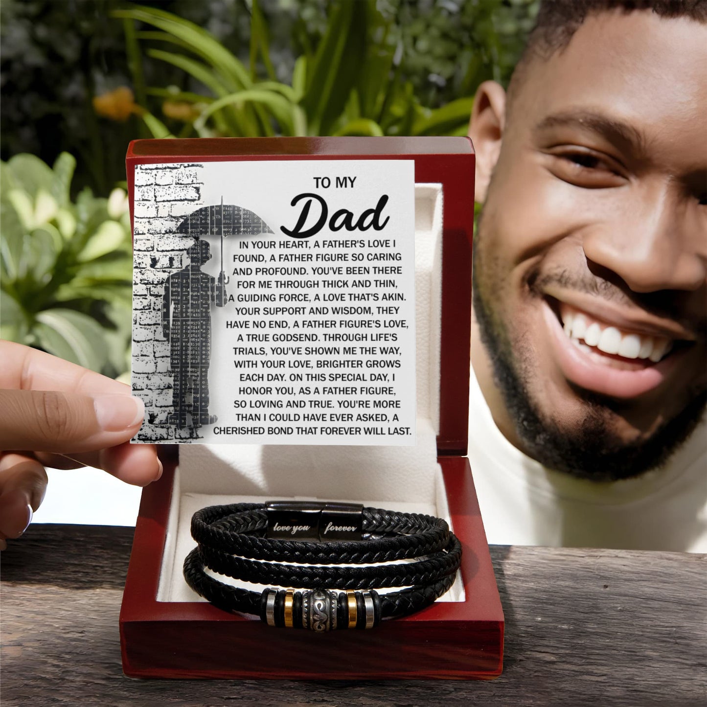 To My Dad Men's Vegan Leather Bracelet Birthday, Father's Day Gift with Heartfelt “Father Figure” Message Card - - Mallard Moon Gift Shop