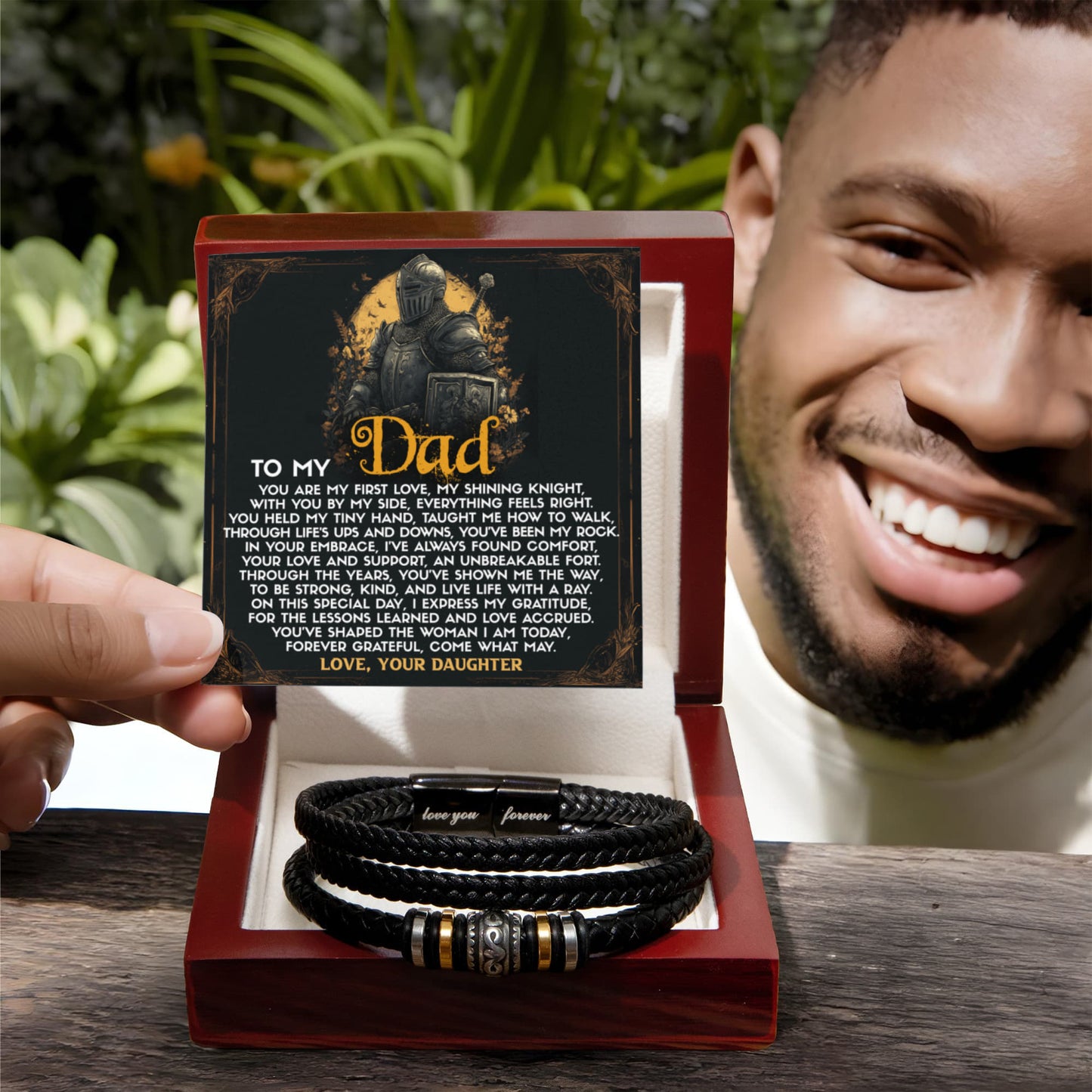 To My Dad from Daughter Birthday, Father's Day Gift - Men's Vegan Leather Bracelet with First Love Message Card - Mallard Moon Gift Shop
