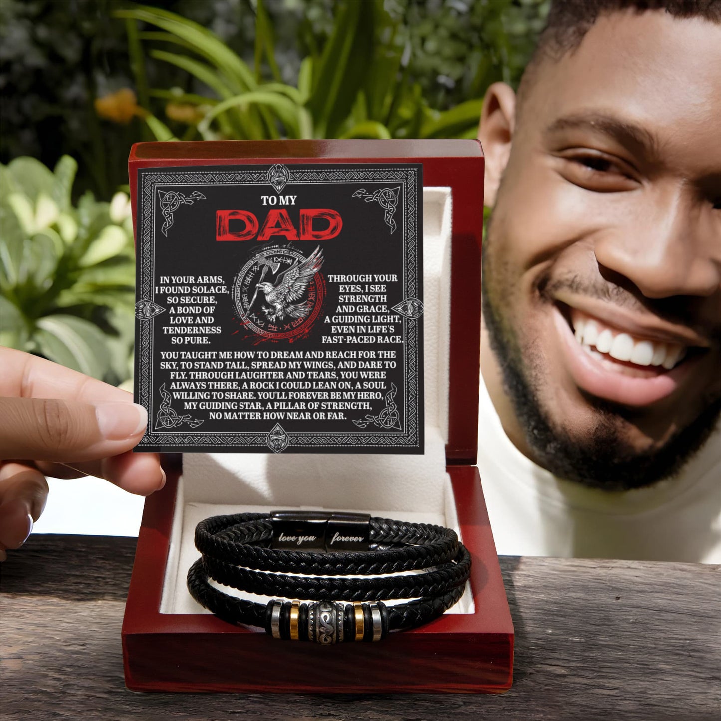 To My Dad Father's Day Gift - Men's Vegan Leather Bracelet with Bold Viking-Inspired “Guiding Light” Message Card -- Meaningful Gift for Dad from Son or Daughter - Mallard Moon Gift Shop