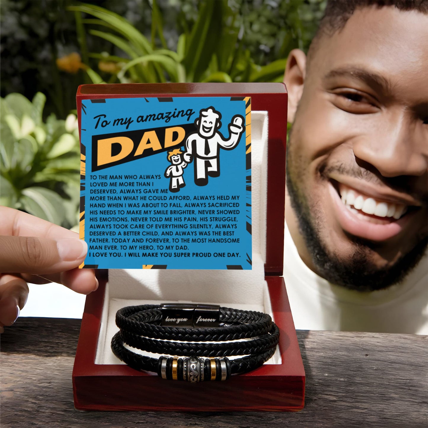To My Amazing Dad Vegan Leather Bracelet Birthday, Father's Day Gift - with Comic-Style “Handsome Hero” Message Card - Mallard Moon Gift Shop
