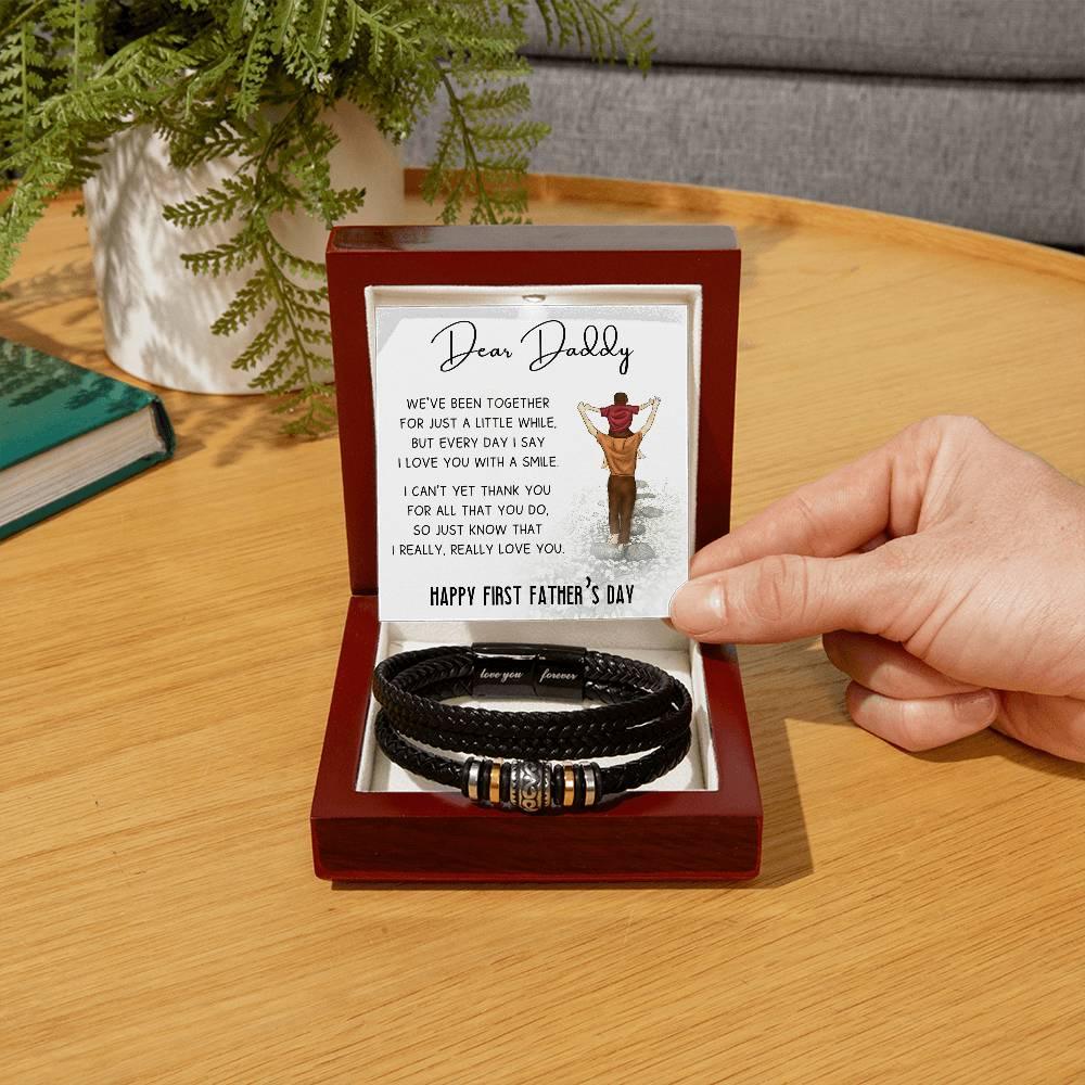 Dear Daddy Happy First Father's Day Leather Braided Men's Bracelet - Mallard Moon Gift Shop