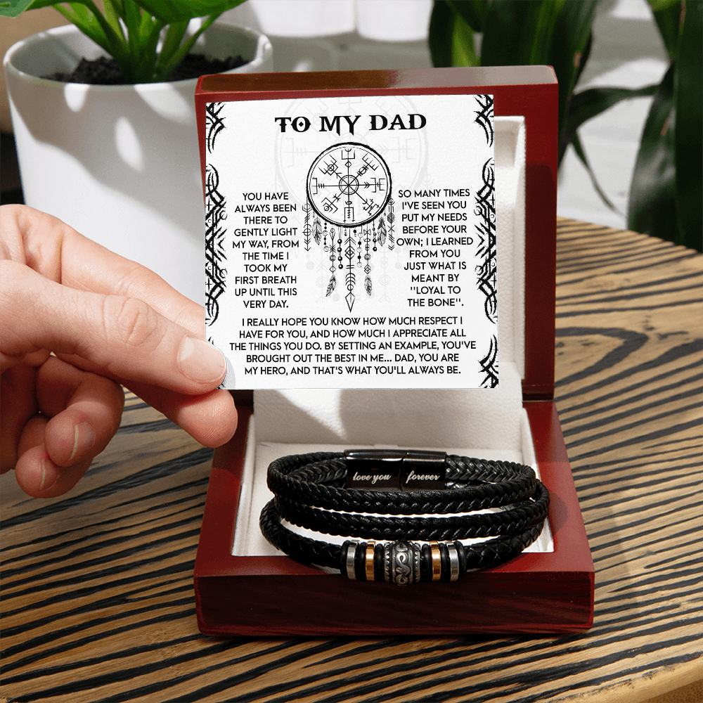 Loyal to the Bone Dad Bracelet – Viking-Inspired Gift for Father from Son or Daughter – Leather Bracelet with Sentimental Message Card - Mallard Moon Gift Shop