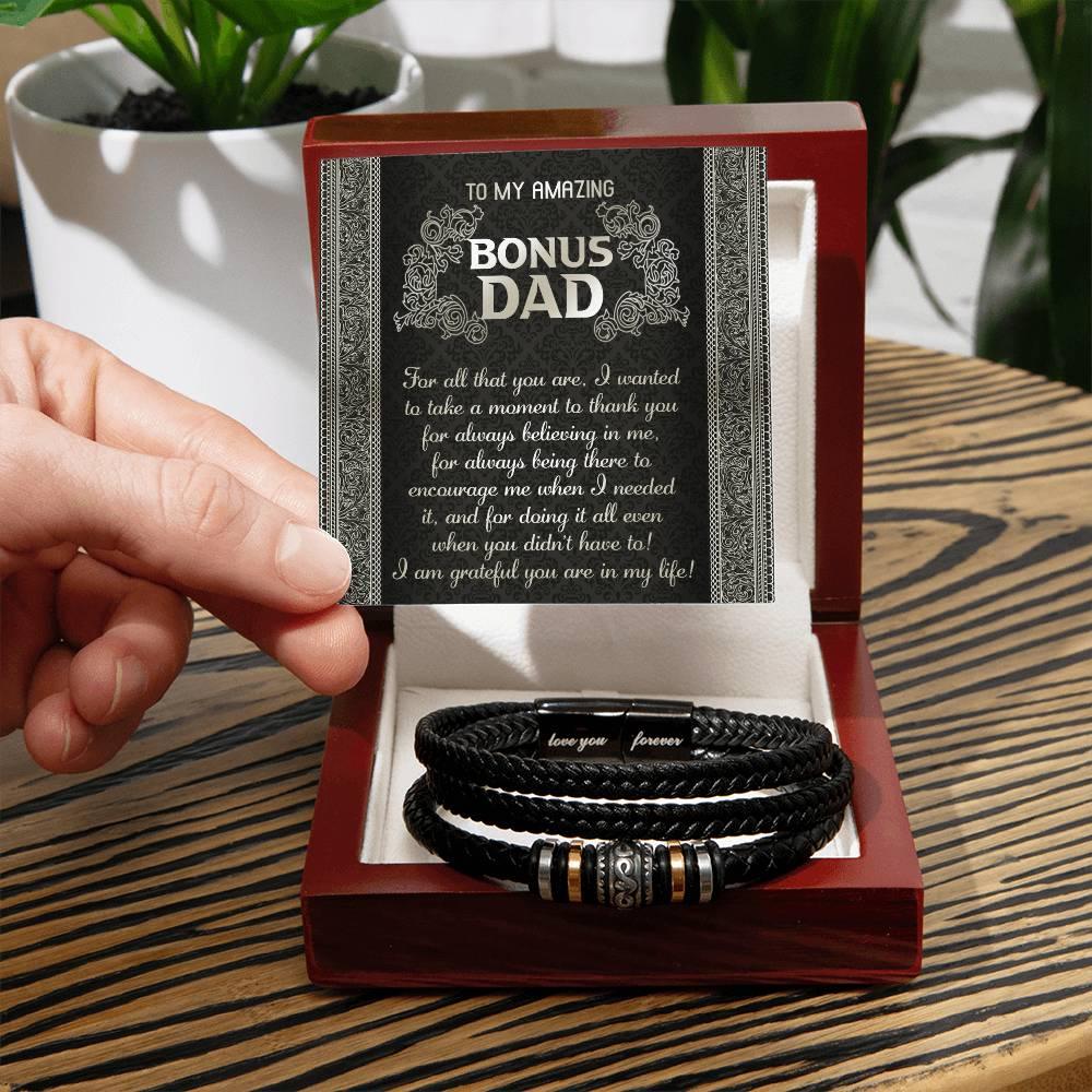 Gift for Bonus Dad I am Grateful You are in My Life Men's Braided Leather Bracelet - Mallard Moon Gift Shop