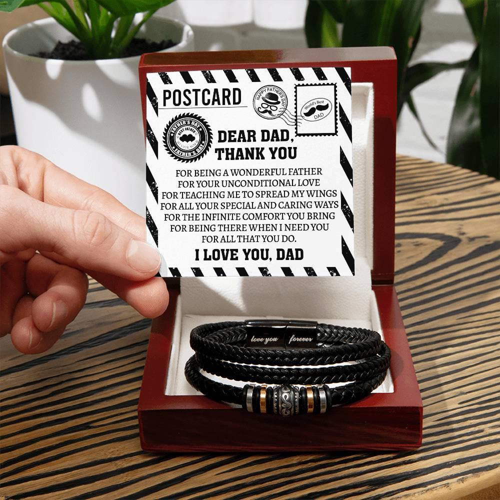 Dad Postcard Gift-Thank You for Teaching Me to Spread My Wings -Braided Leather Men's Bracelet - Mallard Moon Gift Shop