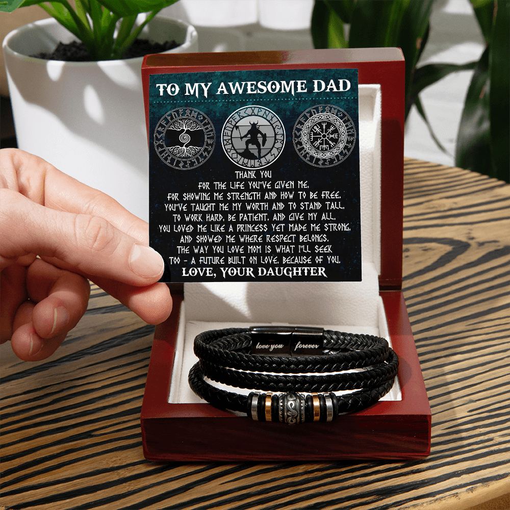 To My Awesome Dad Viking Strong Princess Braided Leather Bracelet Gift from Daughter - Norse Rune Strength & Love Message Gift for Father's Day Birthday or Christmas - Mallard Moon Gift Shop