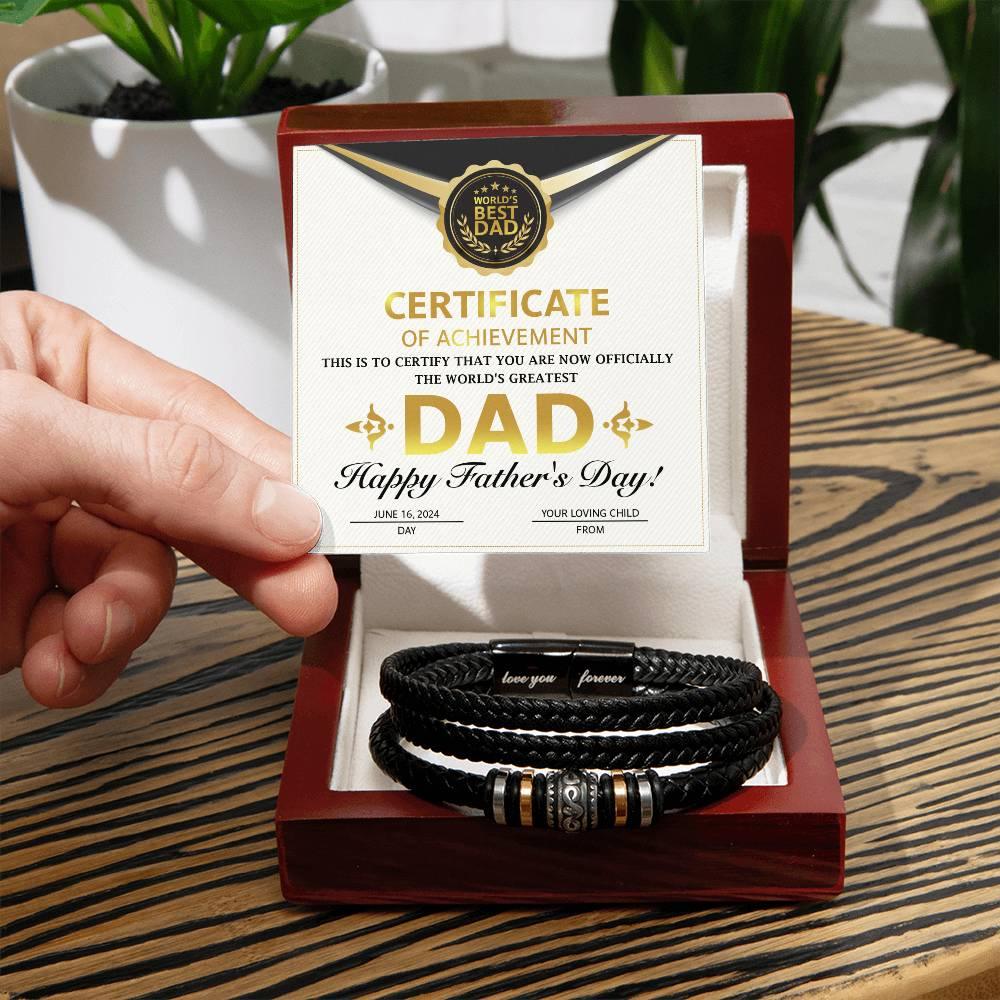 Dad Gift Certificate of Achievement Leather Bracelet - Mallard Moon Gift Shop