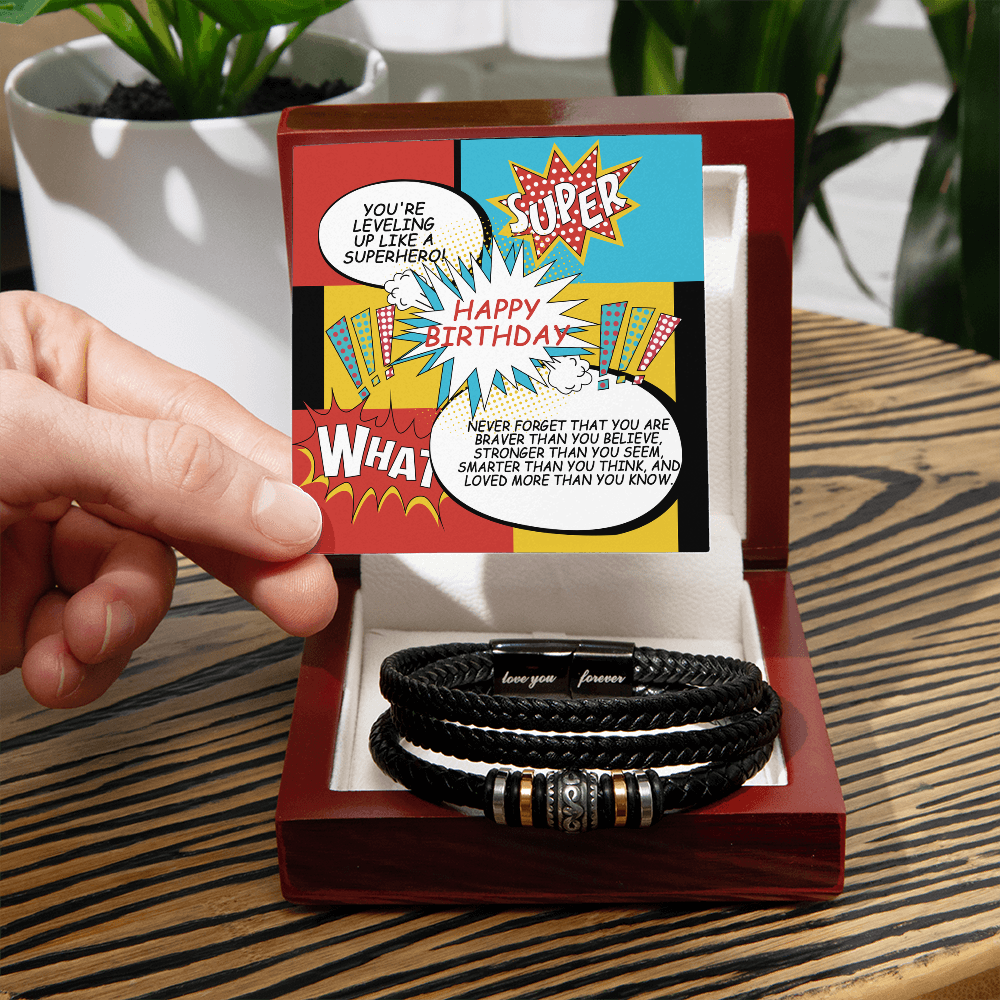 Superhero Birthday Bracelet for Him – “Love You Forever” Engraved Men's Gift | Comic Card Style for Son, Husband, or Boyfriend - Mallard Moon Gift Shop