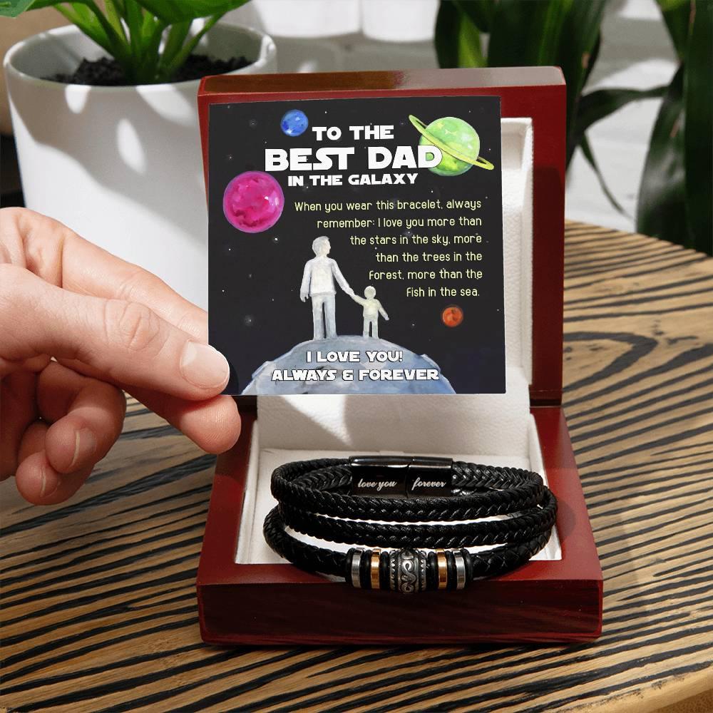 Dad Gift -Best Dad In The Galaxy - Braided Leather Men's Bracelet - Mallard Moon Gift Shop