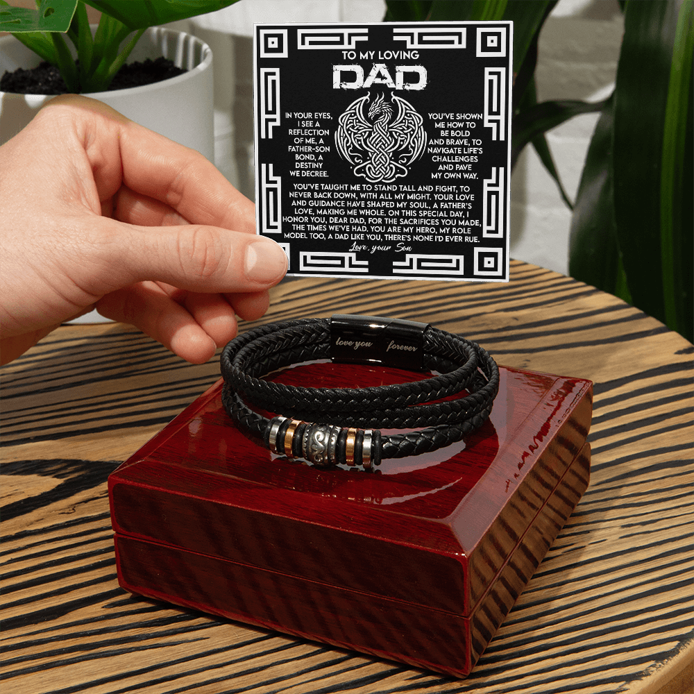 Dad Father's Day Gift from Son - Men's “Love You Forever” Bracelet with Celtic Dragon Message Card - Vegan Leather Beaded Bracelet - Mallard Moon Gift Shop