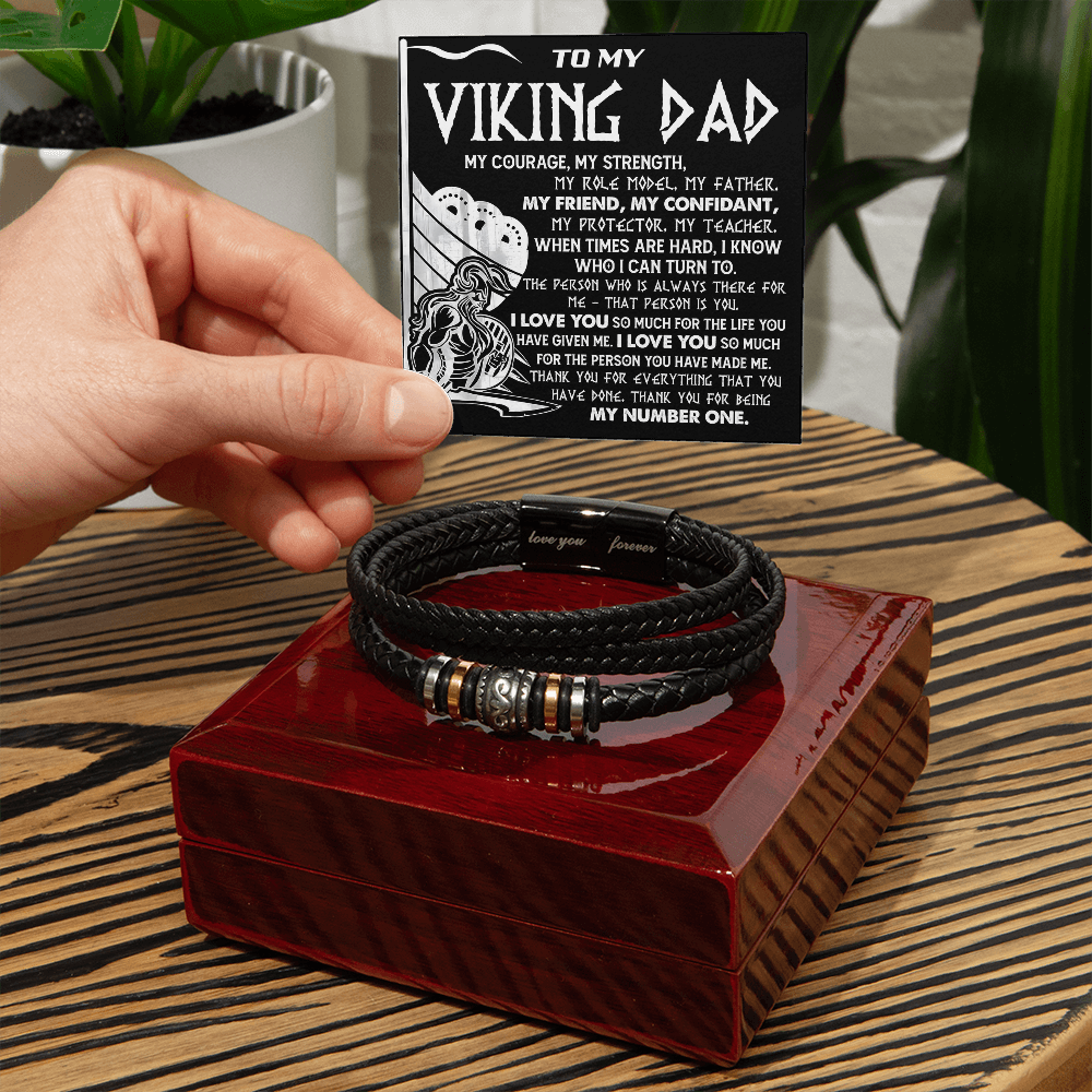 Viking Dad Father's Day, Birthday Gift - Men's Braided Vegan Leather Bracelet with Bold Viking Message Card - Mallard Moon Gift Shop