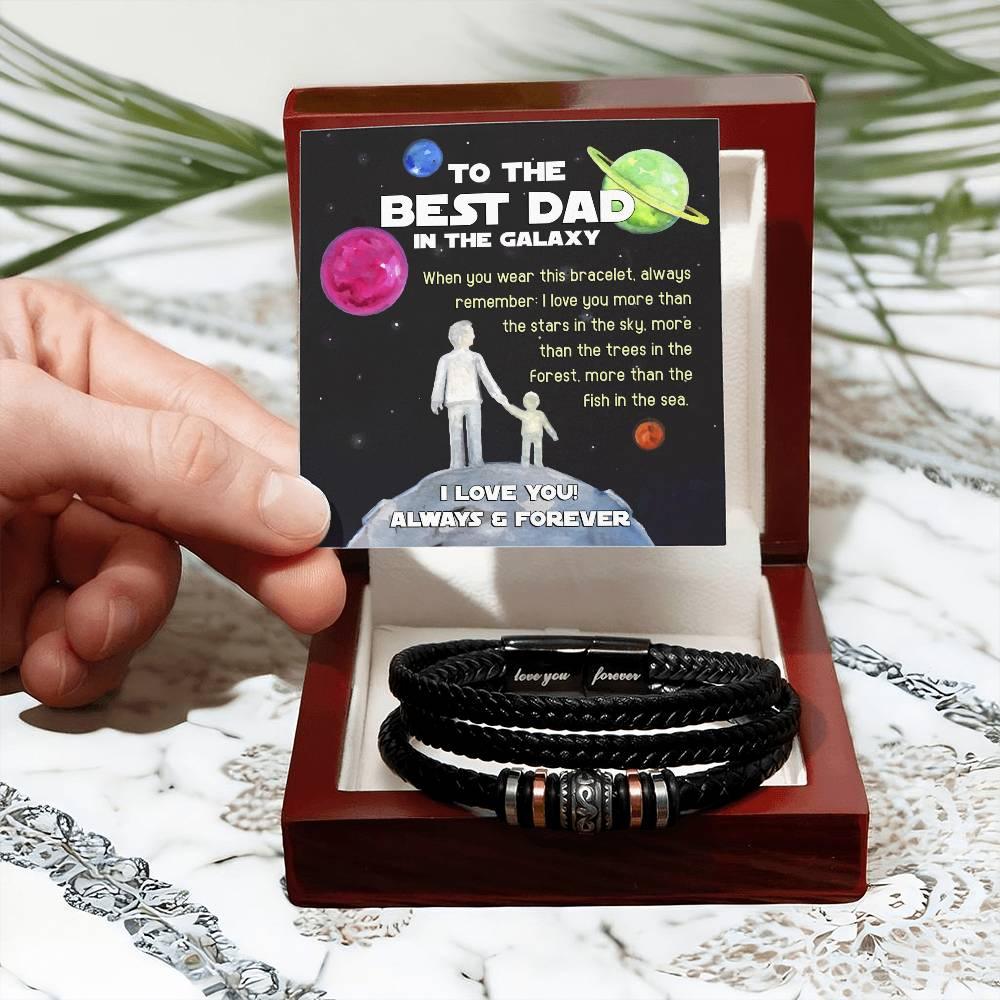 Dad Gift -Best Dad In The Galaxy - Braided Leather Men's Bracelet - Mallard Moon Gift Shop