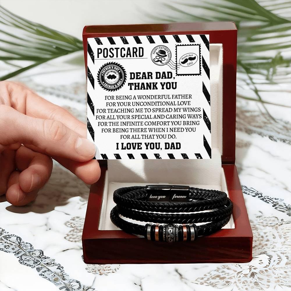 Dad Postcard Gift-Thank You for Teaching Me to Spread My Wings -Braided Leather Men's Bracelet - Mallard Moon Gift Shop
