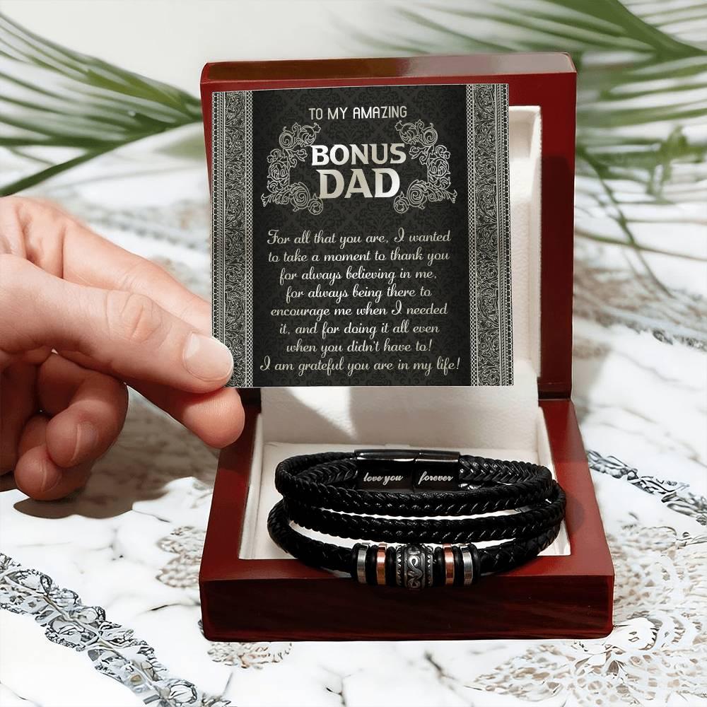Gift for Bonus Dad I am Grateful You are in My Life Men's Braided Leather Bracelet - Mallard Moon Gift Shop