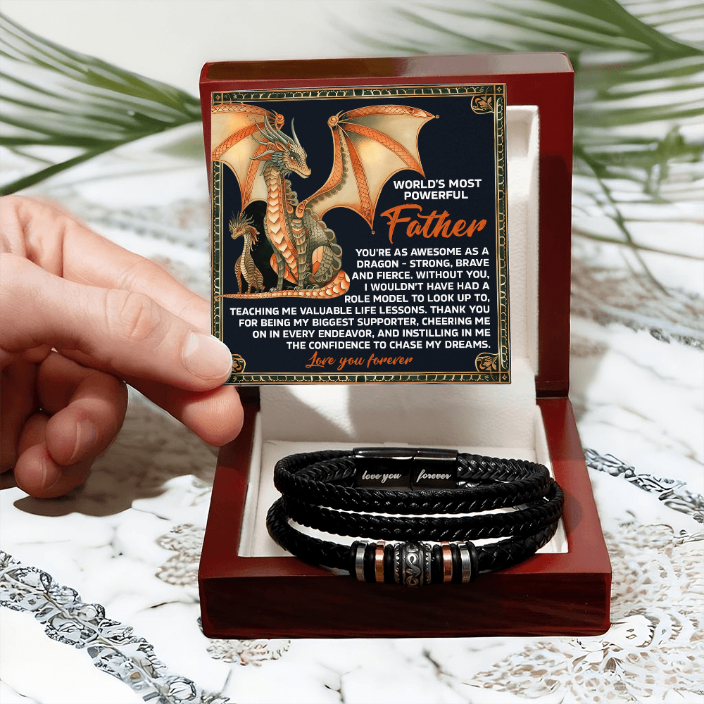 World's Most Powerful Father Gift - Men's Vegan Leather Bracelet with Majestic Dragon Strength Message Card - Unique Gift for Dad from Son or Daughter - Mallard Moon Gift Shop
