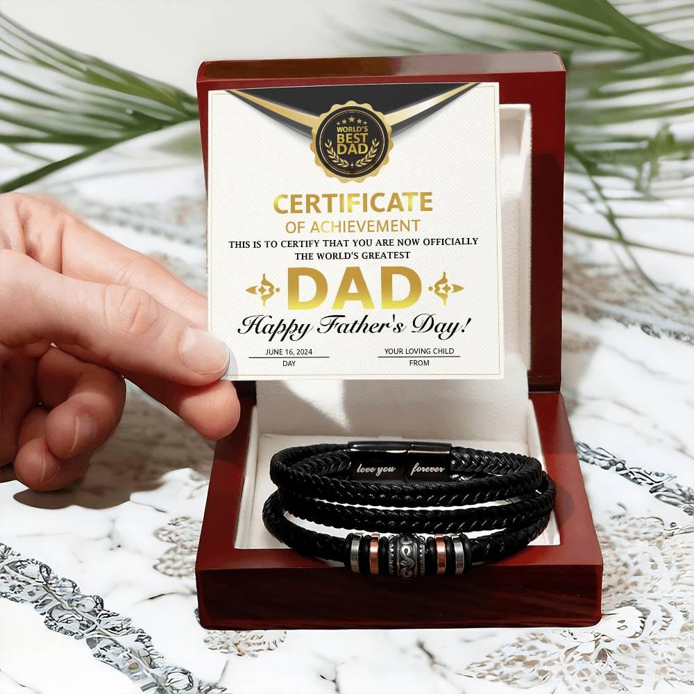 Dad Gift Certificate of Achievement Leather Bracelet - Mallard Moon Gift Shop