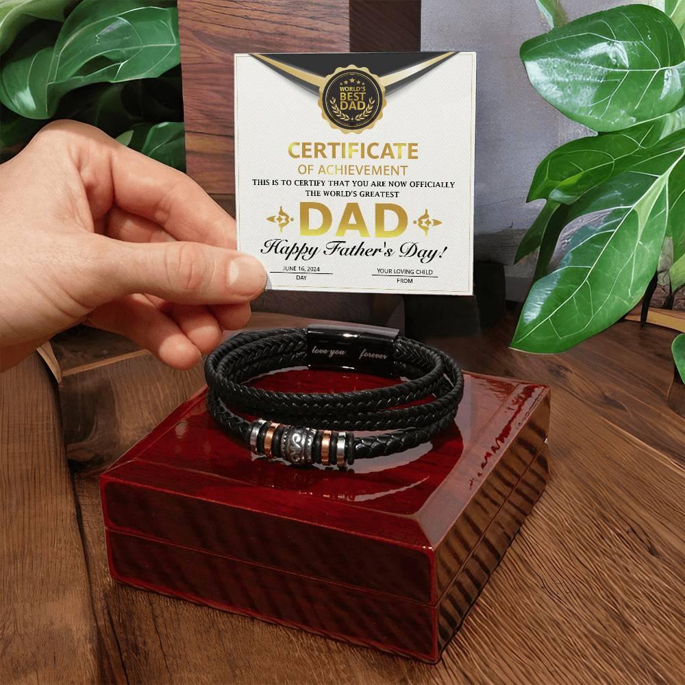Dad Gift Certificate of Achievement Leather Bracelet - Mallard Moon Gift Shop