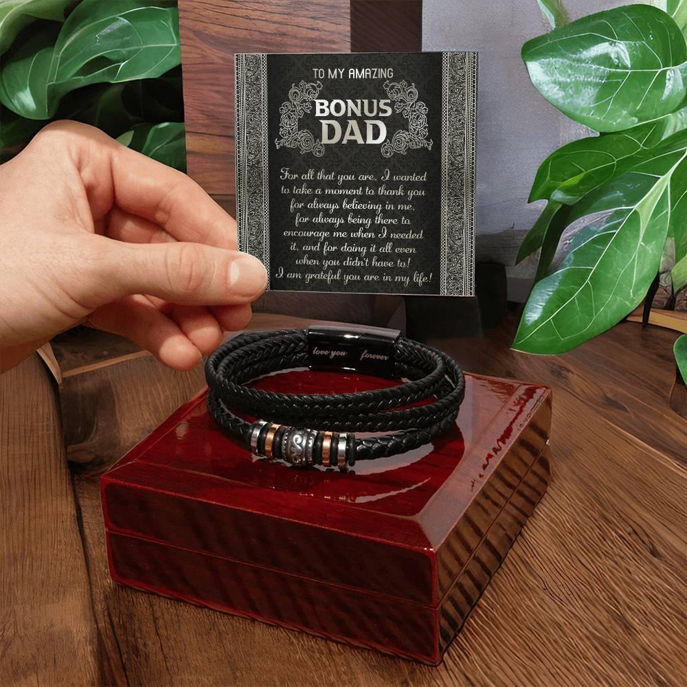 Gift for Bonus Dad I am Grateful You are in My Life Men's Braided Leather Bracelet - Mallard Moon Gift Shop