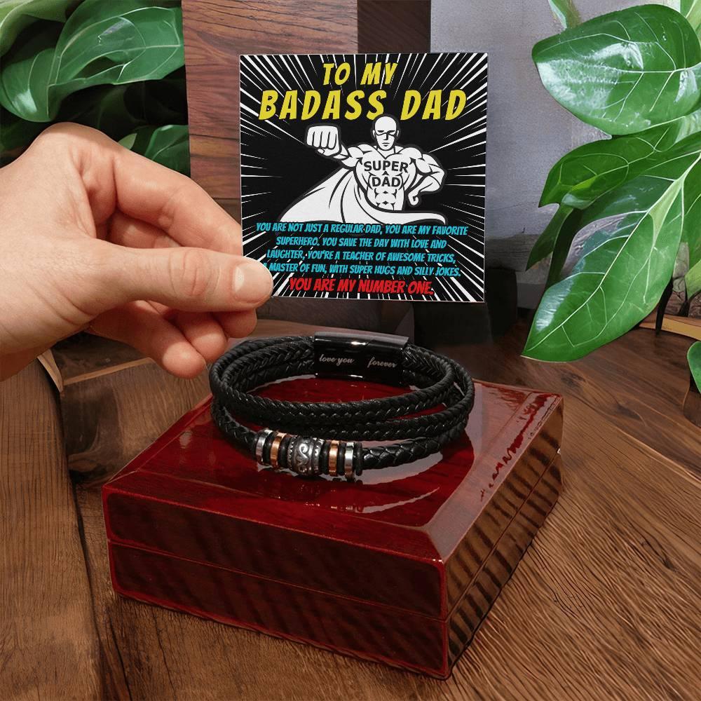 To My Badass Dad - You Are My Favorite Superhero - Men's Braided Leather Bracelet with Gift Box - Mallard Moon Gift Shop