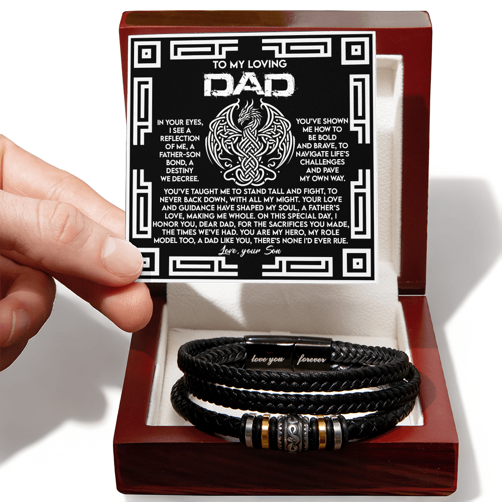 Dad Father's Day Gift from Son - Men's “Love You Forever” Bracelet with Celtic Dragon Message Card - Vegan Leather Beaded Bracelet - Mallard Moon Gift Shop