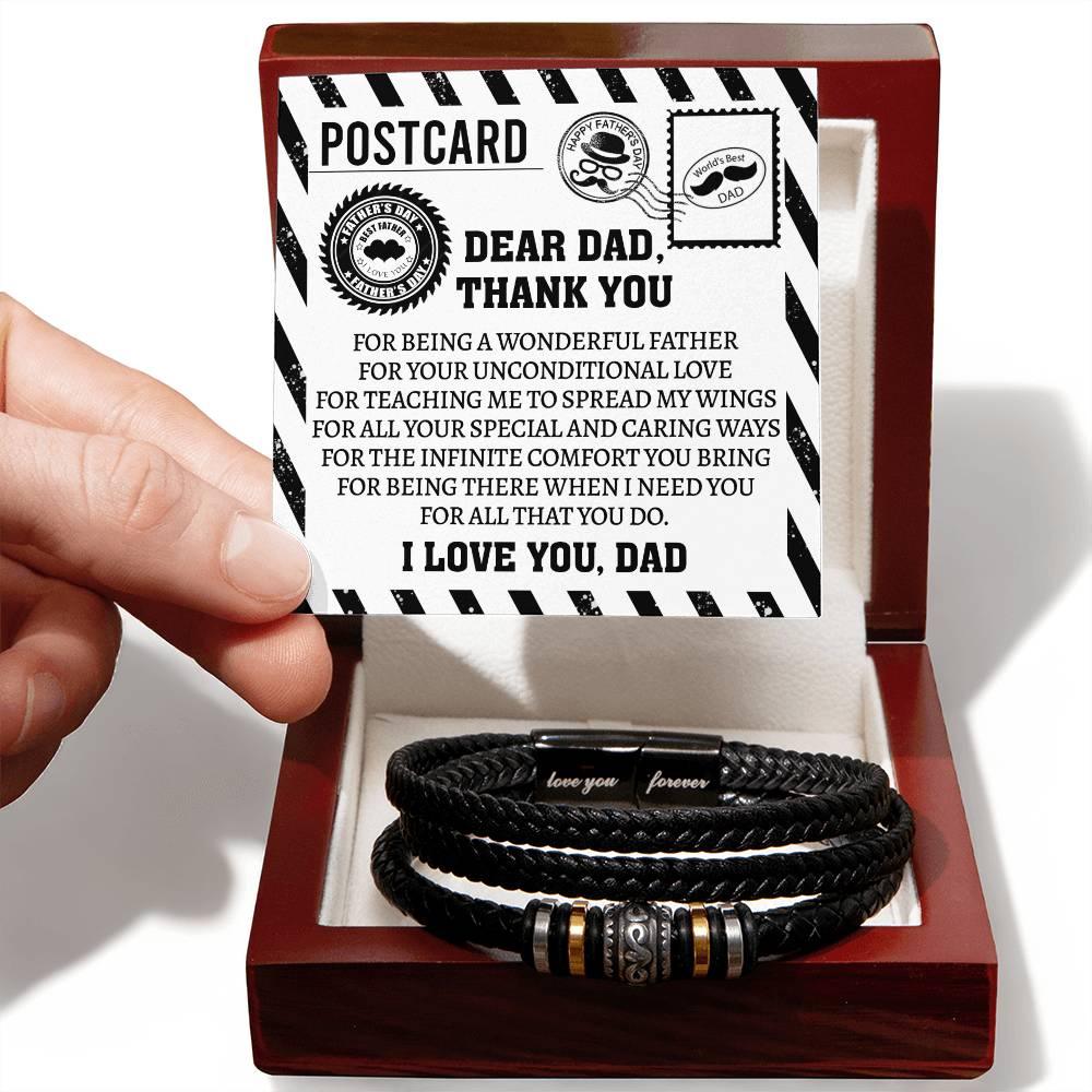 Dad Postcard Gift-Thank You for Teaching Me to Spread My Wings -Braided Leather Men's Bracelet - Mallard Moon Gift Shop