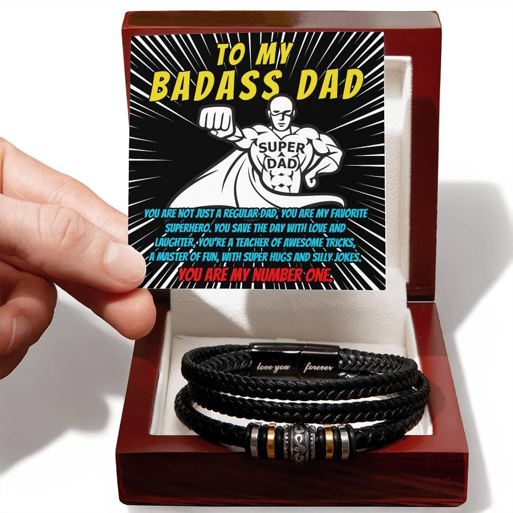 To My Badass Dad - You Are My Favorite Superhero - Men's Braided Leather Bracelet with Gift Box - Mallard Moon Gift Shop