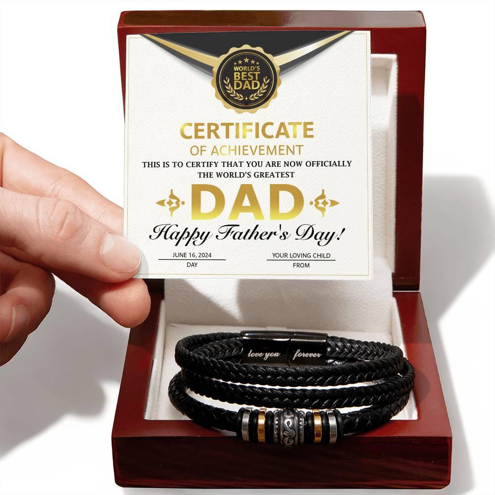 Dad Gift Certificate of Achievement Leather Bracelet - Mallard Moon Gift Shop