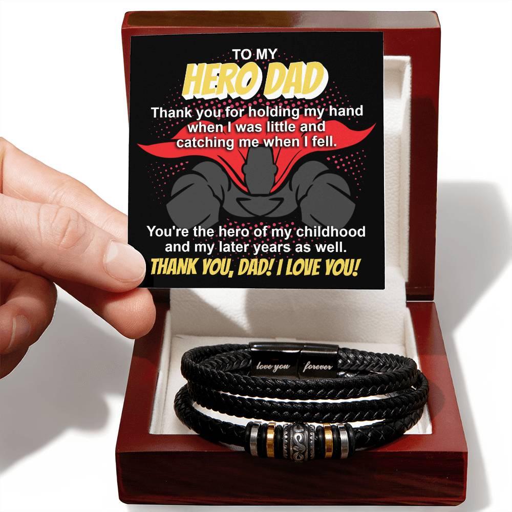 Dad Gift - To My Hero Dad Catching Me When I Fell - Braided Leather Men's Bracelet - Mallard Moon Gift Shop