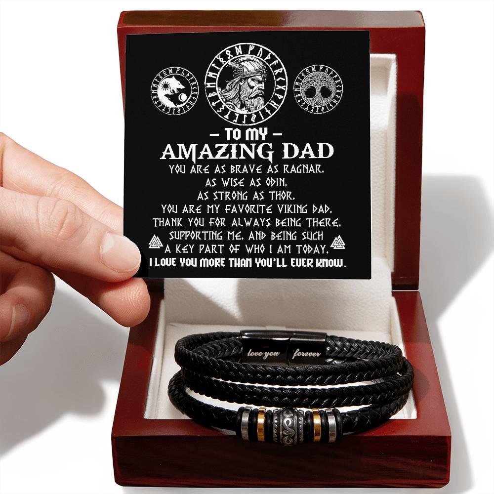 Gift for Dad - Viking Dad Brave as Ragnar Black Braided Leather Men's Bracelet - Mallard Moon Gift Shop