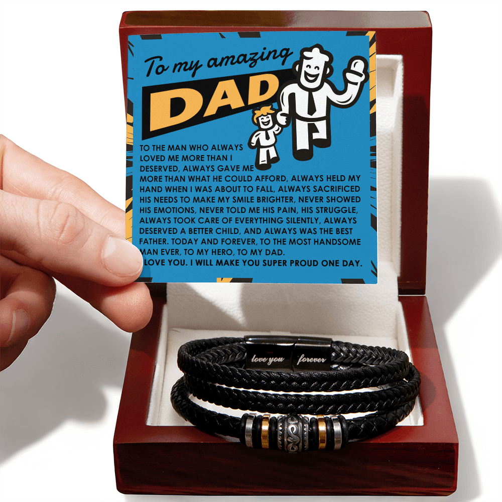 To My Amazing Dad Vegan Leather Bracelet Birthday, Father's Day Gift - with Comic-Style “Handsome Hero” Message Card - Mallard Moon Gift Shop