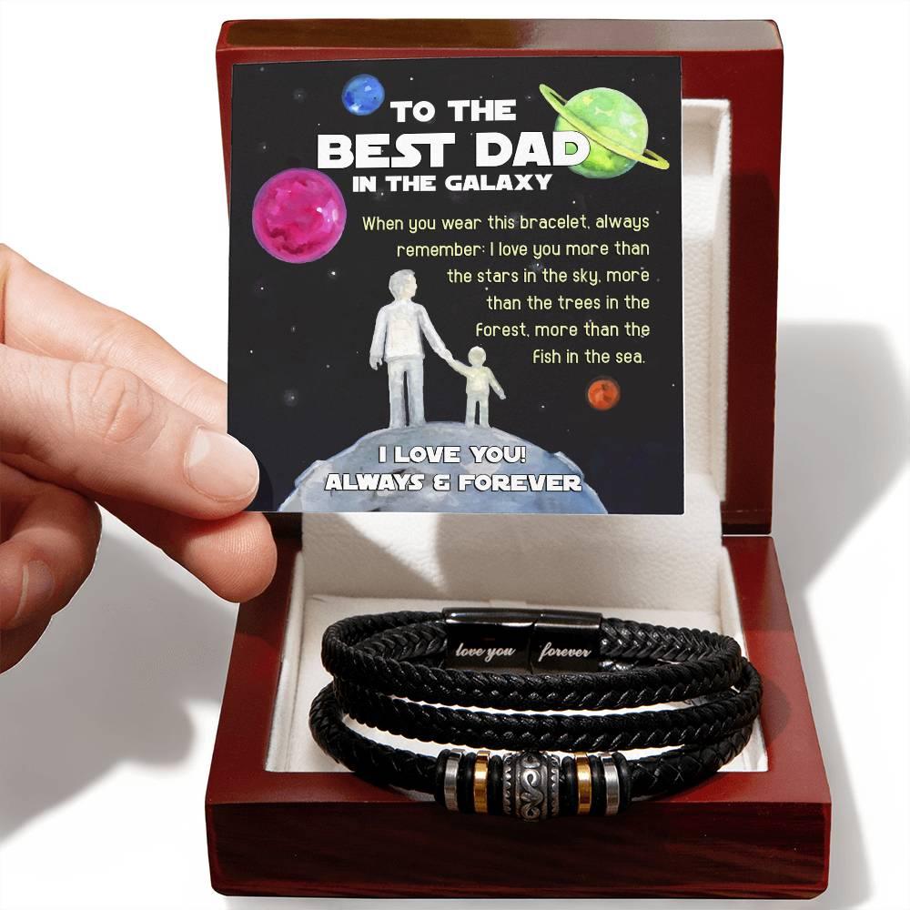 Dad Gift -Best Dad In The Galaxy - Braided Leather Men's Bracelet - Mallard Moon Gift Shop