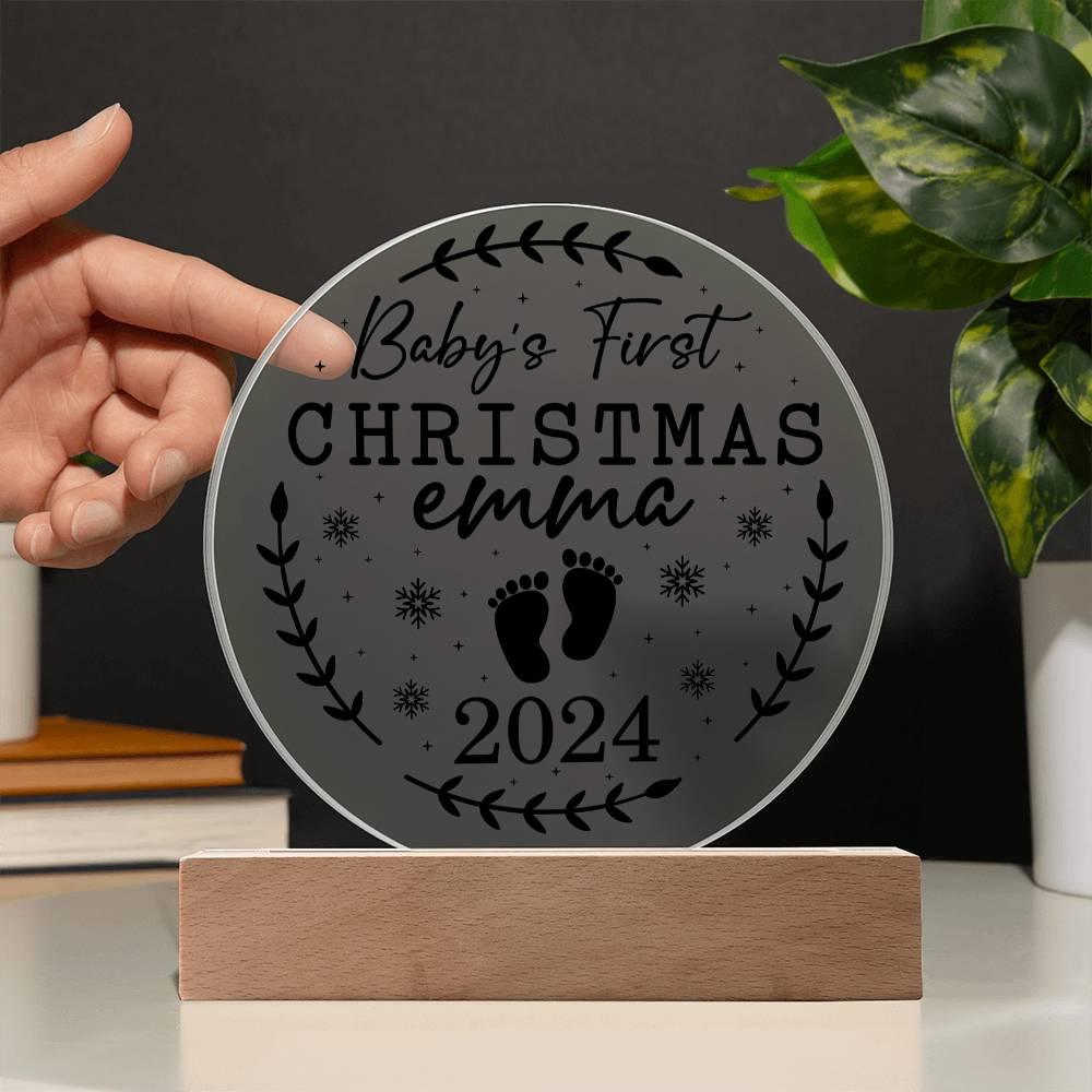 Baby's First Christmas Personalized Acrylic Plaque with Wood or LED Lighted Base - Mallard Moon Gift Shop