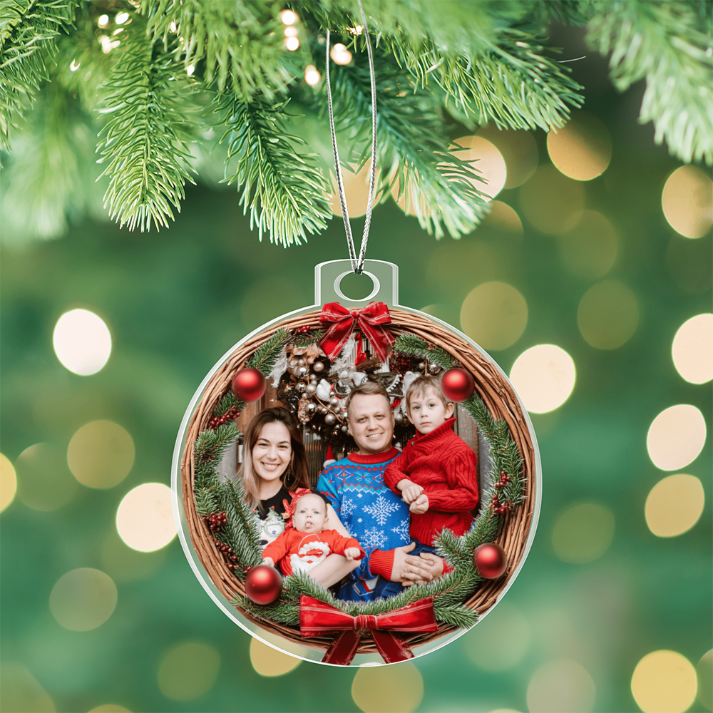 Custom Photo Christmas Ornament with Wreath Frame – Personalized Acrylic Holiday Keepsake with Your Photo