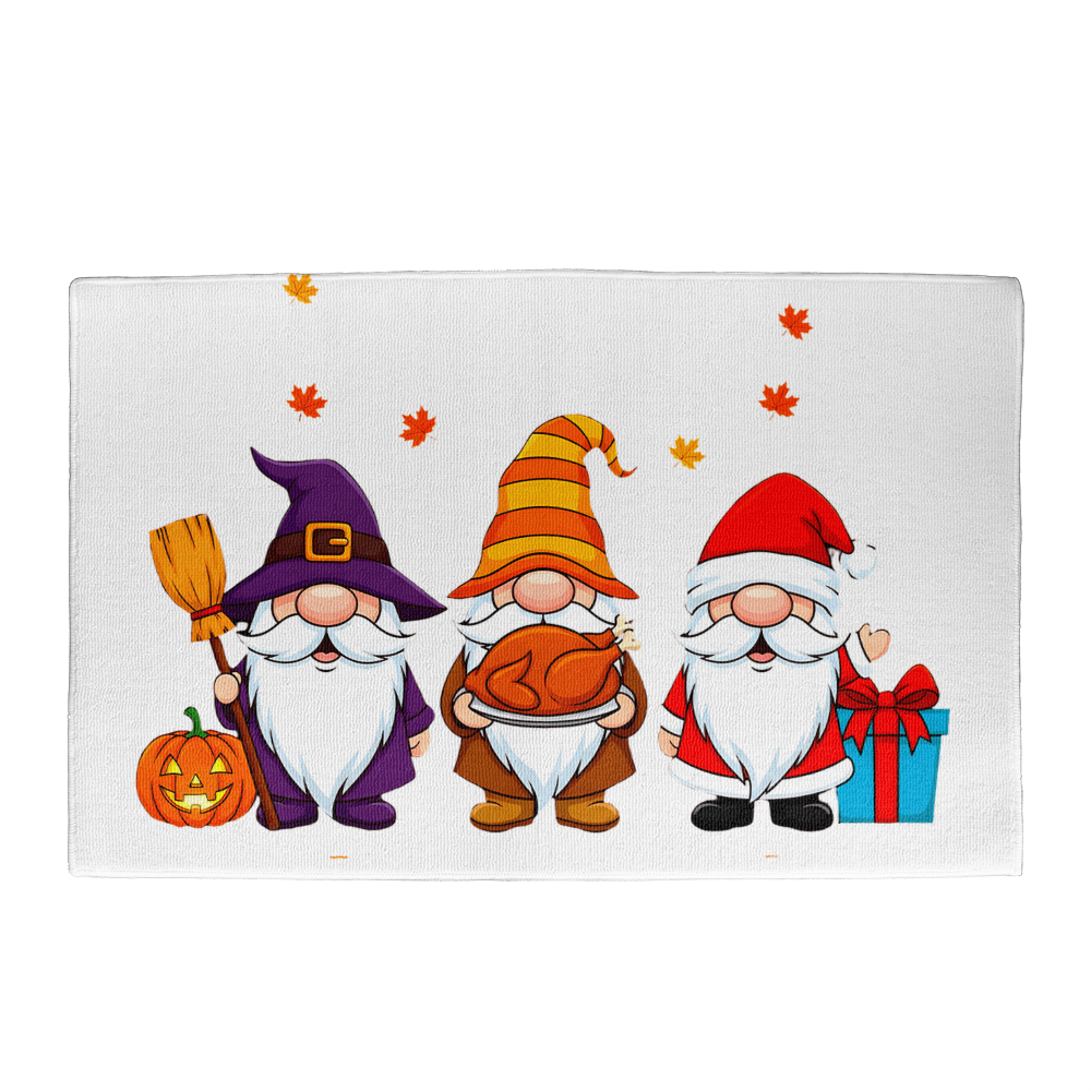 Holiday Gnome Trio Doormat – Halloween, Thanksgiving & Christmas All-in-One Welcome Mat – Cute Seasonal Full-Color Entry Rug
