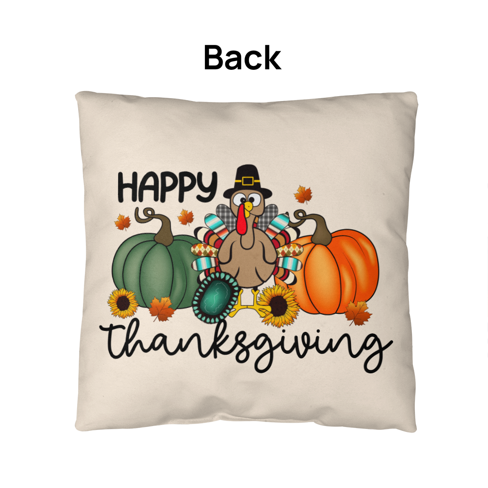 Happy Thanksgiving Turkey Pillow – Fun Fall Pumpkin & Sunflower Cushion – Indoor/Outdoor, 3 Sizes - Mallard Moon
