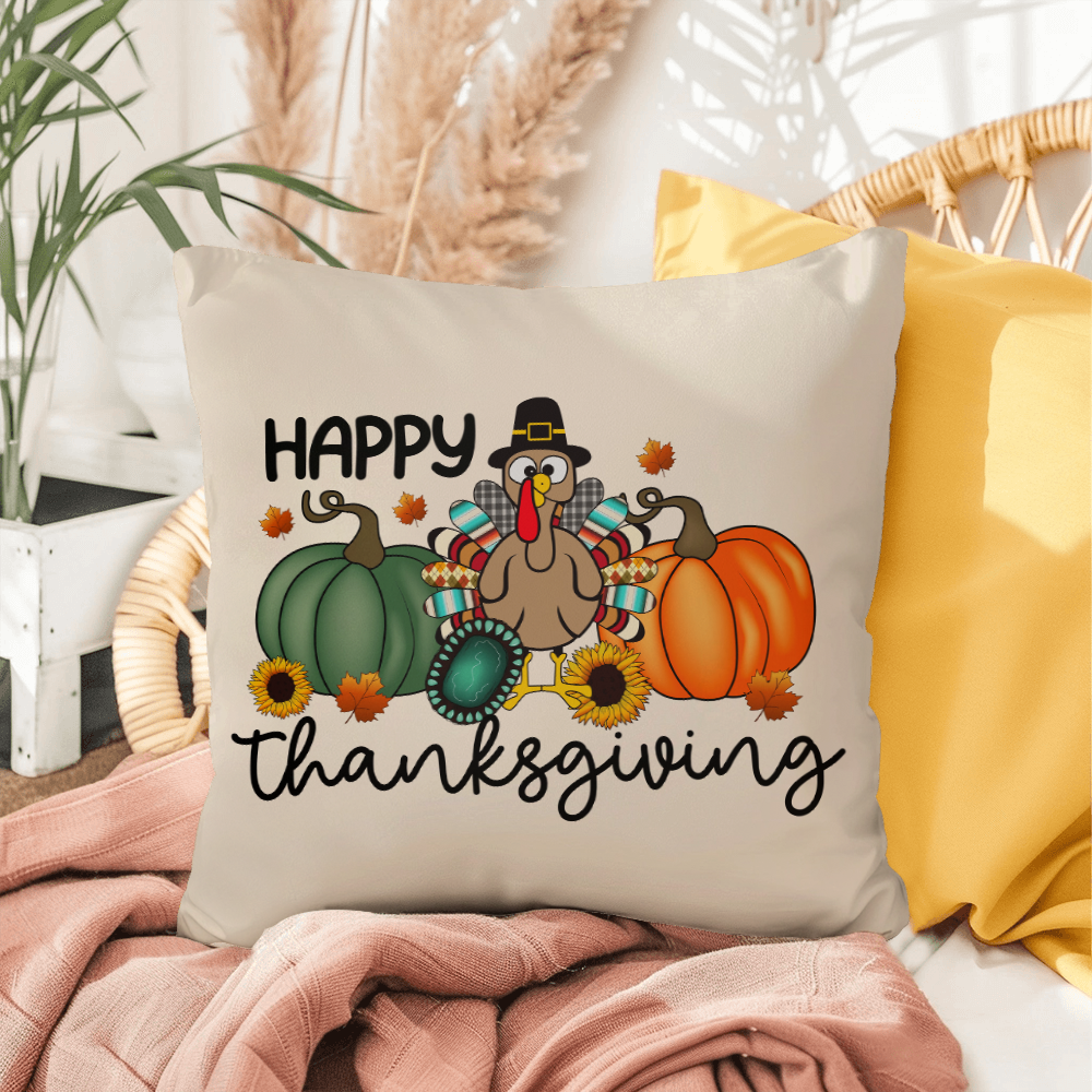 Happy Thanksgiving Turkey Pillow – Fun Fall Pumpkin & Sunflower Cushion – Indoor/Outdoor, 3 Sizes - Mallard Moon