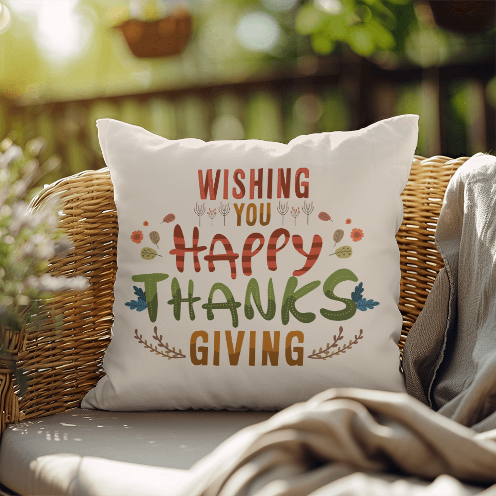 Wishing You a Happy Thanksgiving Throw Pillow – Indoor/Outdoor Fall Accent Cushion – Available in 3 Sizes - Mallard Moon